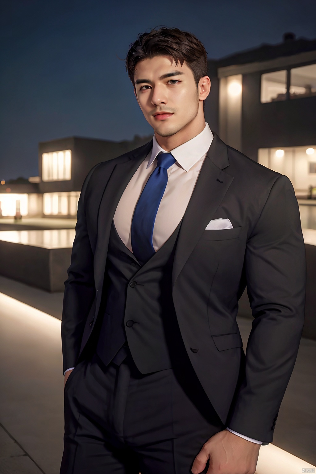  (absurdres, highres, ultra detailed, realistic, ), 1 male, solo, *****, mature, tall muscular guy, broad shoulders, handsome, very short hair, black hair, brown eyes, angular jaw, thick neck, thick eyebrows, night, dark, the night view of the city background, formal suit, necktie, upper body, Divine Titan, Fortnite
