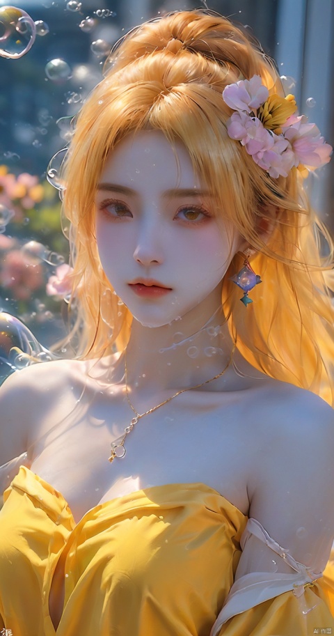  (bubble:1.5),1girl,Bangs, off shoulder, colorful_hair, ((colorful hair)),golden dress, yellow eyes, chest, necklace, pink dress, earrings, floating hair, jewelry, sleeveless, very long hair,Looking at the observer, parted lips, pierced,energy,electricity,magic,tifa,sssr,blonde hair,jujingyi, wangyushan, dofas, forehead mark, (\meng ze\), flowers
