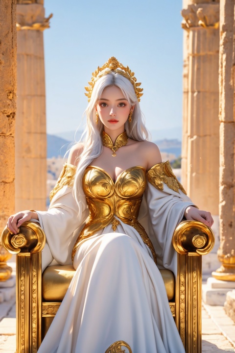 masterpiece, 1 girl, Look at me, Hera, White hair, Greek dress, Palace, Sitting on the throne, resplendent, Lots of roses, gilded, MYTHOS, Gold powder, Golden glow, textured skin, super detail, best quality, 16k, Blue sky outside the window, Ancient Greece