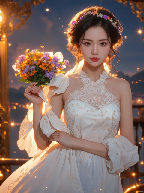 DSLR, (Good structure), HDR, UHD, 8K, A real person, Highly detailed, best quality, masterpiece, 1girl, realistic, Highly detailed, (EOS R8, 50mm, F1.2, 8K, RAW photo:1.2), ultra realistic 8k, ,huaxianzi, flowers, wangyushan, wangyushan, Nebula