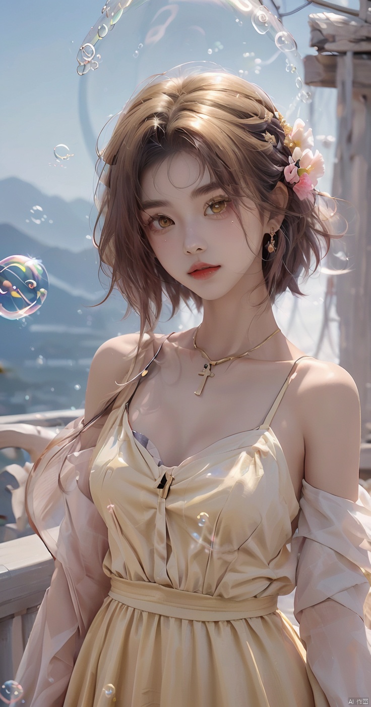  (bubble:1.5),1girl,Bangs, off shoulder, colorful_hair, ((colorful hair)),golden dress, yellow eyes, chest, necklace, pink dress, earrings, floating hair, jewelry, sleeveless, very long hair,Looking at the observer, parted lips, pierced,energy,electricity,magic,tifa,sssr,blonde hair,jujingyi, wangyushan, dofas, forehead mark, (\meng ze\), flowers, ajkds, flower