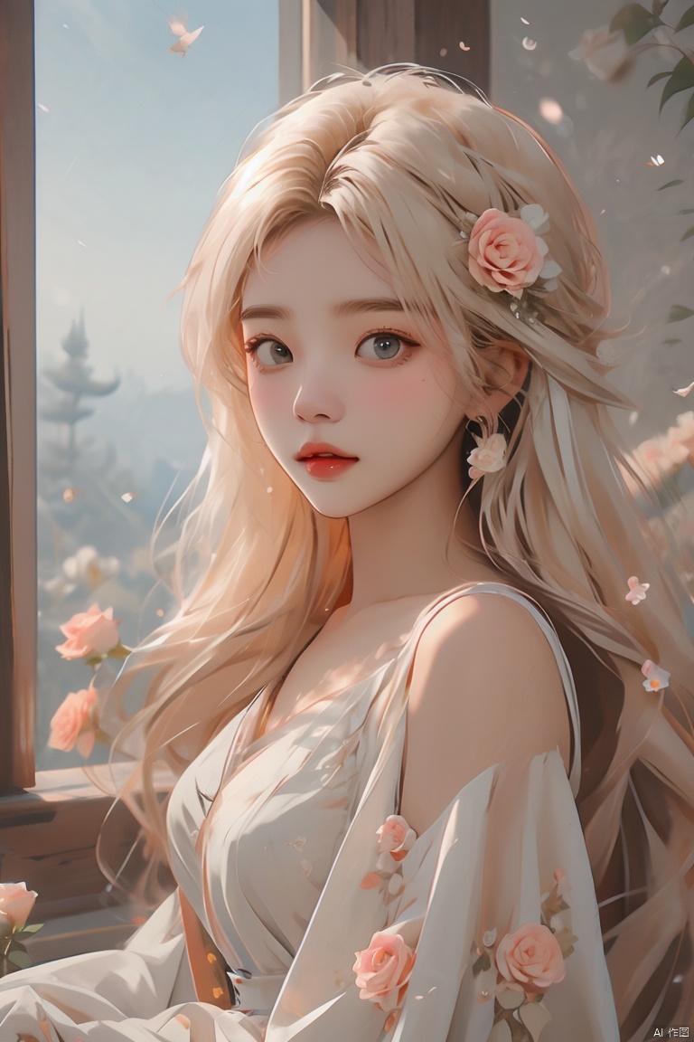  (masterpiece), (best quality), illustration, ultra detailed, hdr, Depth of field, (colorful),1girl, solo, blue eyes, gloves, flower, blonde hair, long hair, dress, parted lips, looking at viewer, white flower, white dress, breasts, white rose, bird, sleeveless, bangs, rose, official alternate costume, (\meng ze\), (\ji jian\)