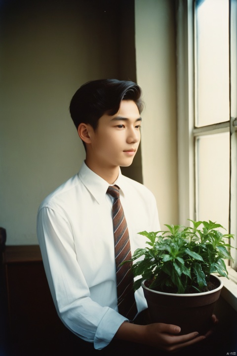 analog film photo masterpiece, Handsome boy, 2 Boys, Hug, Kiss, 18 years old, Lovely, Short hair, White shirt, Tie, Portrait, Living room, Potted plant, Light and shadow, The sunshine outside the window, Students, textured skin, super detail, best quality  . faded film, desaturated, 35mm photo, grainy, vignette, vintage, Kodachrome, Lomography, stained, highly detailed, found footage