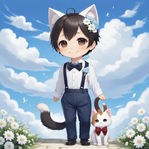masterpiece, 1 boy, chibi, solo, full body, Spirit, Smile, Outdoor, Light blue sky, Clouds, White flower, Cat ear, tail, Shirt, Bow tie, textured skin, super detail, best quality,