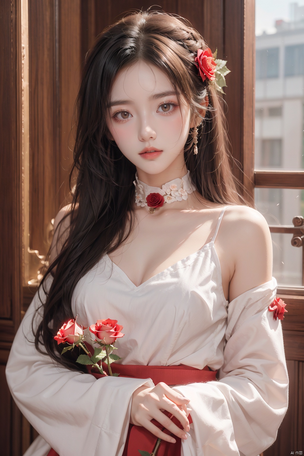  1girl, solo, red flower, flower, blue eyes, long hair, holding flower, holding, rose, dress, petals, hair ornament, red rose, lying, long sleeves, white hair, on back, white dress, looking at viewer, choker, parted lips, bare shoulders, blush, bangs, off shoulder, black choker, hair flower, off-shoulder dress, very long hair, collarbone, puffy long sleeves, puffy sleeves, rose petals, hair between eyes,eyesseye, dofas, crystal, yunbin, qianjin, christmas, Trainee Nurse, Nebula