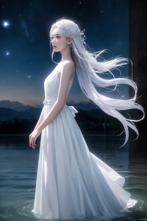  (masterpiece, top quality, best quality, official art, beautiful and aesthetic:1.2),gf-hd, 1girl, long hair, solo, water, night, dress, sky, white hair, hair ornament, night sky, wading, star \(sky\), white dress, from side, (\yan yu\),rainning