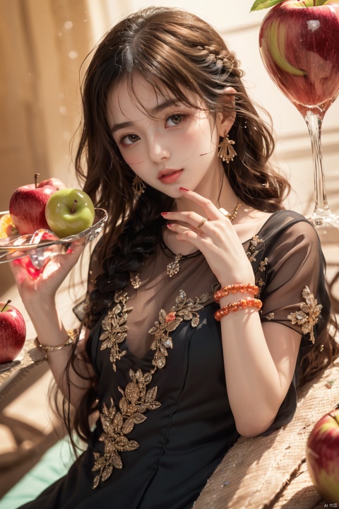 1girl, solo, long_hair, breasts, looking_at_viewer, blush, bangs, brown_hair, hair_ornament, red_eyes, dress, hair_between_eyes, jewelry, medium_breasts, closed_mouth, braid, short_sleeves, earrings, lying, parted_lips, food, hand_up, on_back, nail_polish, black_dress, bracelet, see-through, fruit, apple, see-through_sleeves, grapes, orange_\(fruit\), red_apple