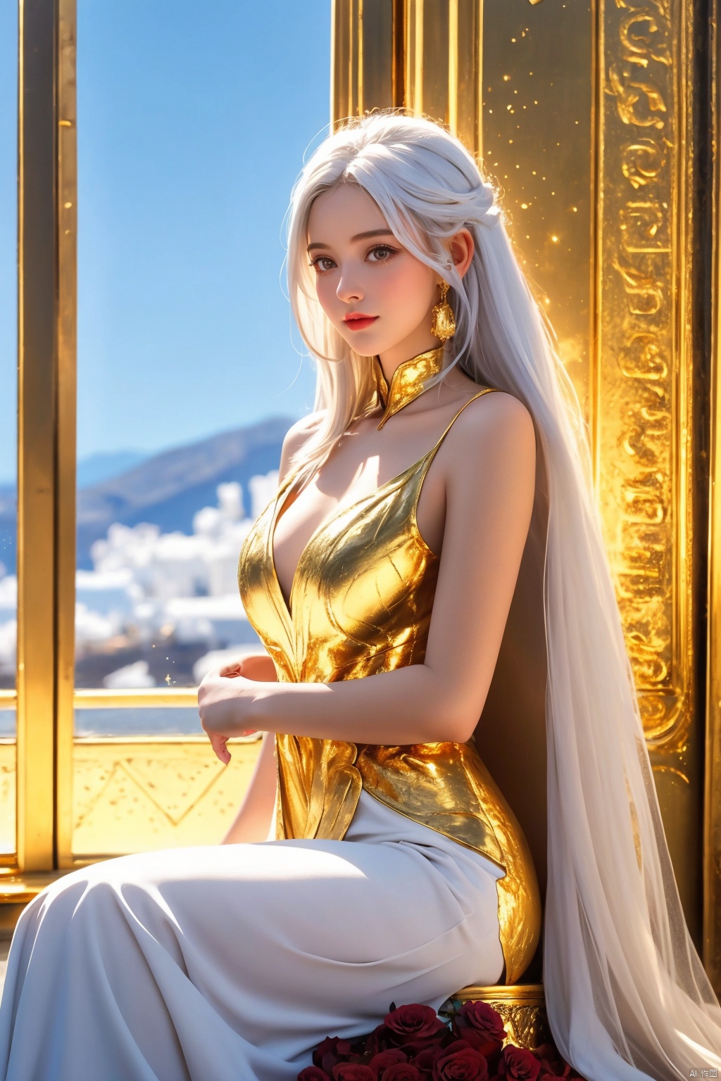 masterpiece, 1 girl, Look at me, Mnemosyne, White hair, Greek dress, Palace, Sitting on the throne, resplendent, Lots of roses, gilded, MYTHOS, Gold powder, Golden glow, textured skin, super detail, best quality, 16k, Blue sky outside the window, Ancient Greece