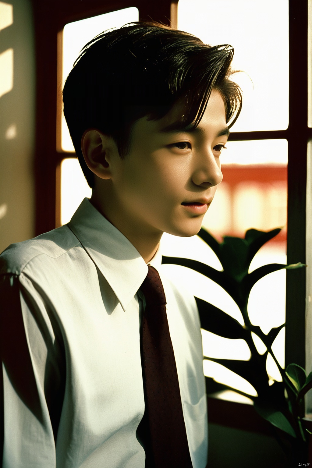 analog film photo masterpiece, Handsome boy, 2 Boys, Hug, Kiss, 18 years old, Lovely, Short hair, White shirt, Tie, Portrait, Living room, Potted plant, Light and shadow, The sunshine outside the window, Students, textured skin, super detail, best quality  . faded film, desaturated, 35mm photo, grainy, vignette, vintage, Kodachrome, Lomography, stained, highly detailed, found footage