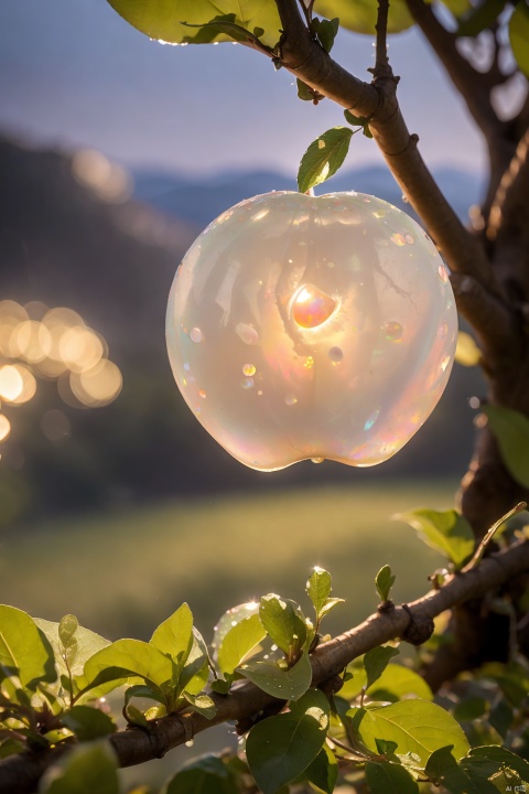 a delicate apple made of opal hung on branch  in the early morning light, adorned with glistening dewdrops. in the background beautiful valleys, divine iridescent glowing, opalescent textures, volumetric light, ethereal, sparkling, light inside body, bioluminescence, studio photo, highly detailed, sharp focus