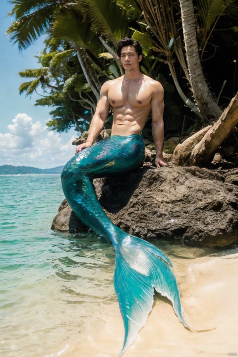  A mermaid with fresh short hair, raised crotch, handsome man, masterpiece, big muscles, seaside, coconut tree, sitting on the beach, a dragon