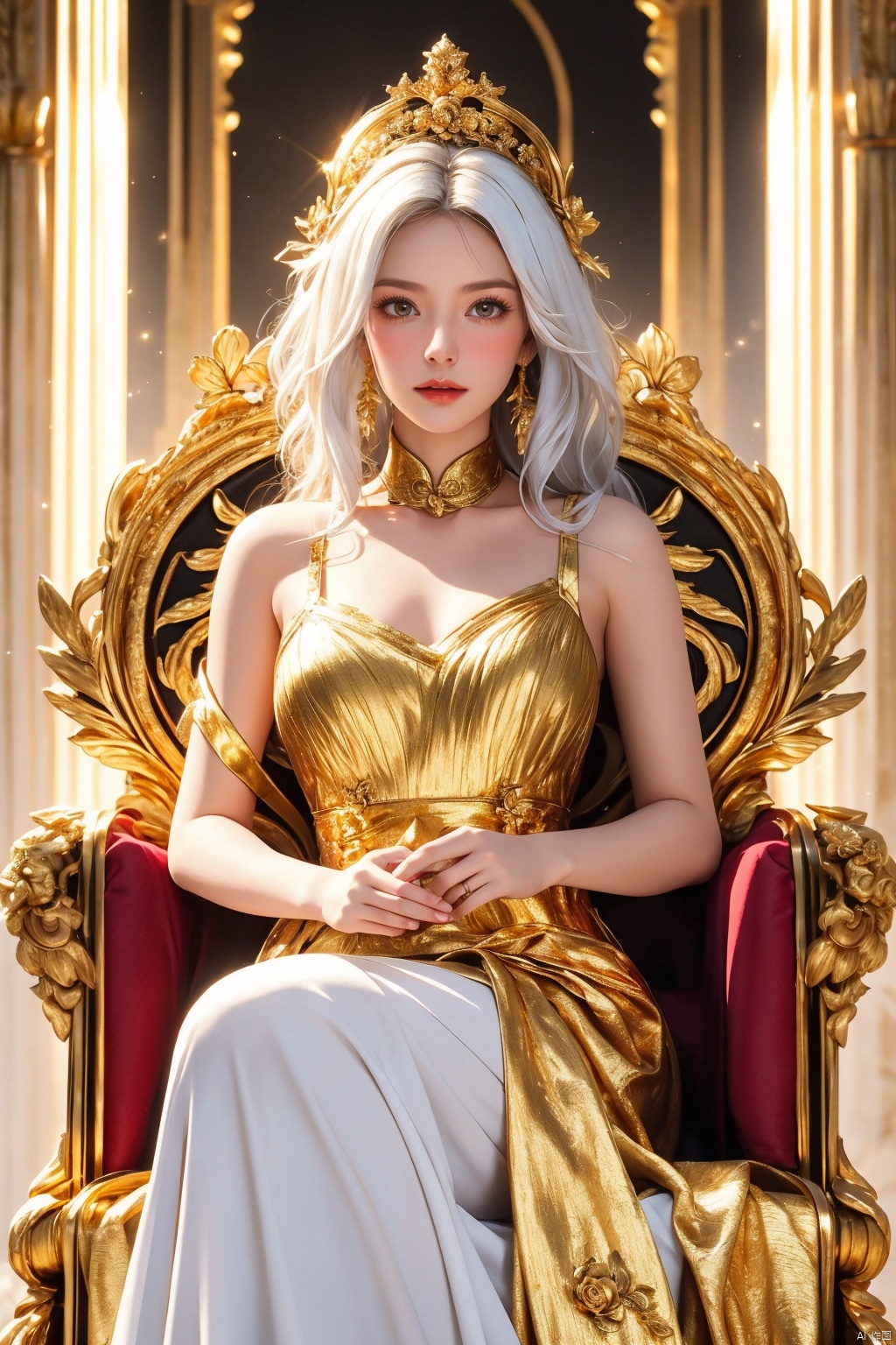 masterpiece, 1 girl, Look at me, Aphrodite, White hair, Greek dress, Palace, Sitting on the throne, resplendent, Lots of roses, gilded, MYTHOS, Gold powder, Golden glow, textured skin, super detail, best quality, 16k