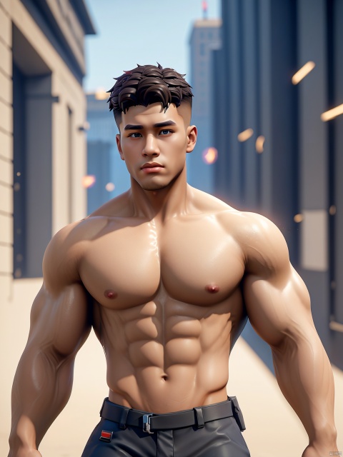  masterpiece,1 Man,Look at me,Handsome,Lovely,textured skin,super detail,best quality,adapted_uniform,Bustling city, 1 boy, a boy_gmlwman, Muscular Male, Arso, fu, asuo, (\a suo\), Fortnite