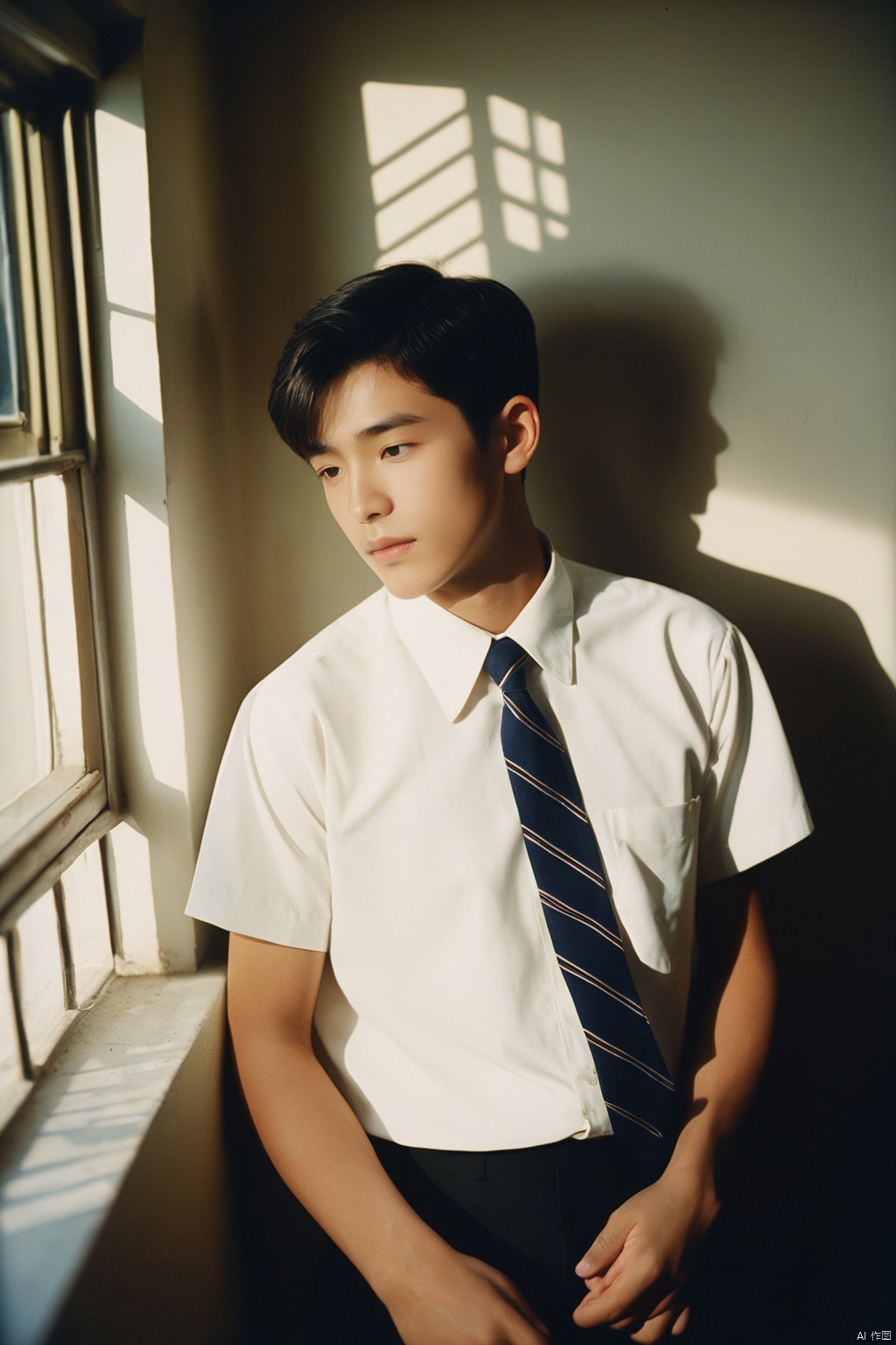 analog film photo masterpiece, Handsome boy, 2 Boys, Hug, Kiss, 18 years old, Lovely, Short hair, White shirt, Tie, Portrait, Living room, Potted plant, Light and shadow, The sunshine outside the window, Students, textured skin, super detail, best quality  . faded film, desaturated, 35mm photo, grainy, vignette, vintage, Kodachrome, Lomography, stained, highly detailed, found footage