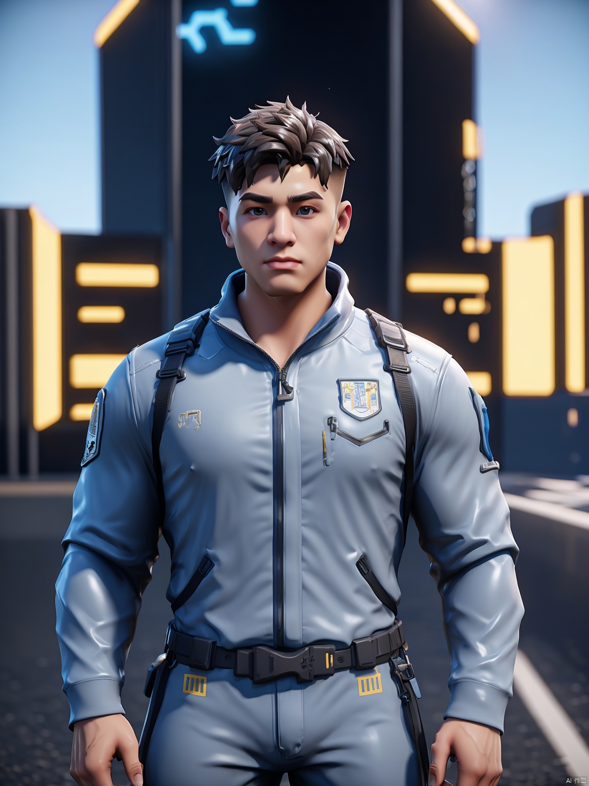  masterpiece,1 Man,Look at me,Handsome,Lovely,textured skin,super detail,best quality,adapted_uniform,Bustling city, 1 boy, a boy_gmlwman, Muscular Male, Arso, fu, asuo, (\a suo\), Fortnite, Asuo