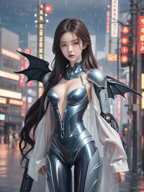 {{master piece}},best quality,illustration,1girl,small breast,beatiful detailed eyes,beatiful detailed cyberpunk city,flat_chest,beatiful detailed hair,wavy hair,beatiful detailed steet,mecha clothes,robot girl,cool movement,sliver bodysuit,{filigree},dargon wings,colorful background,a dragon  stands behind the girl,rainy days,{lightning effect},beatiful detailed sliver dragon arnour,（cold face）