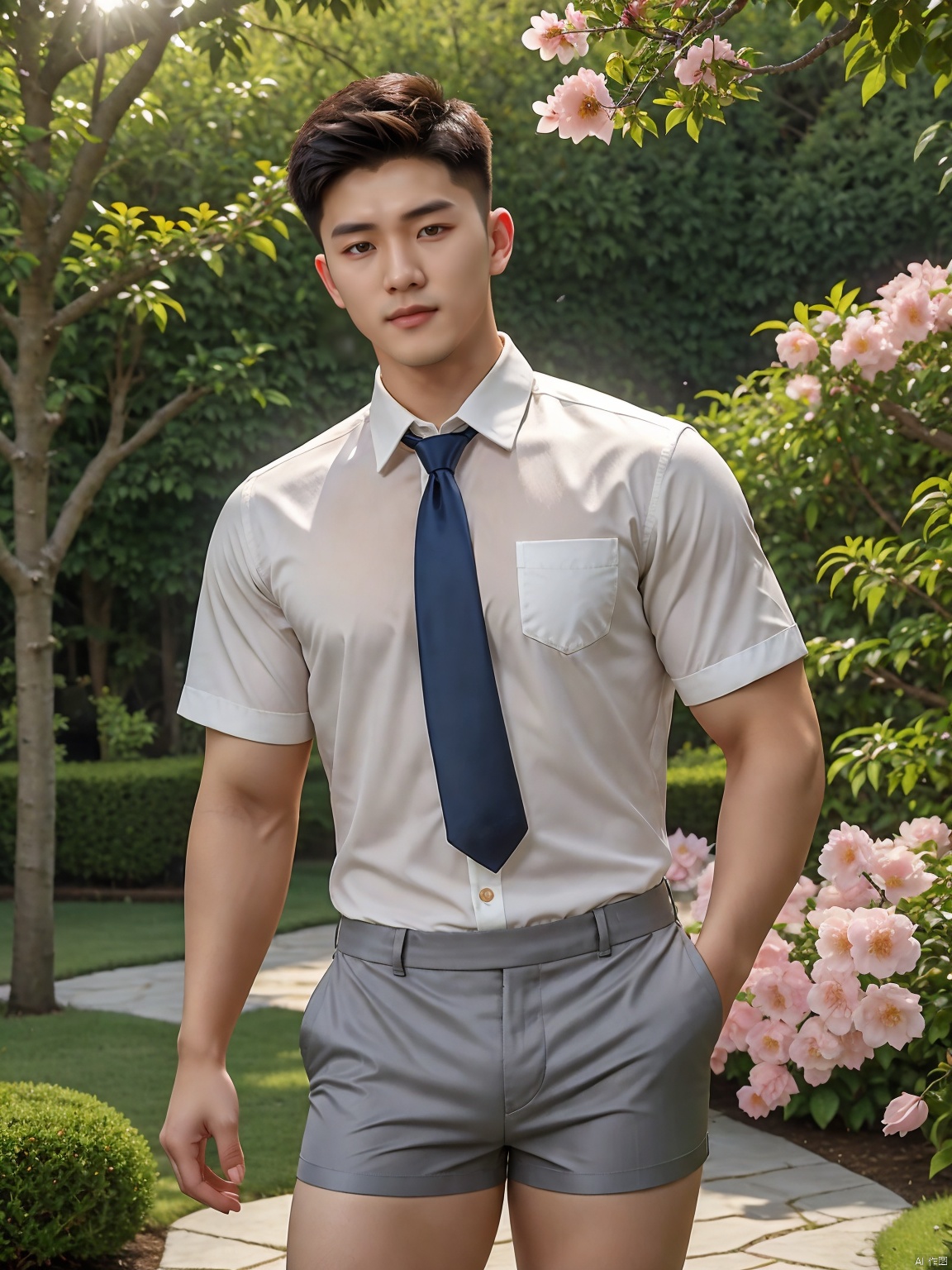  masterpiece,1 boy,Young,Handsome,Look at me,Short hair,Tea hair,Students,White shirt,Striped tie,Gray shorts,Stand,Outdoor,Garden,Peach tree,Flying petals,Light and shadow,HDR,textured skin,super detail,best quality, asuo, Asuo, fu, Pink Mecha, sufei, CodeMen278, hand101