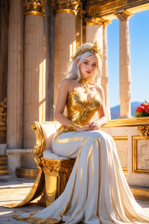 masterpiece, 1 girl, Look at me, White hair, Greek dress, Palace, Sitting on the throne, resplendent, Lots of roses, gilded, MYTHOS, Gold powder, Golden glow, textured skin, super detail, best quality, 16k, Blue sky outside the window, Ancient Greece