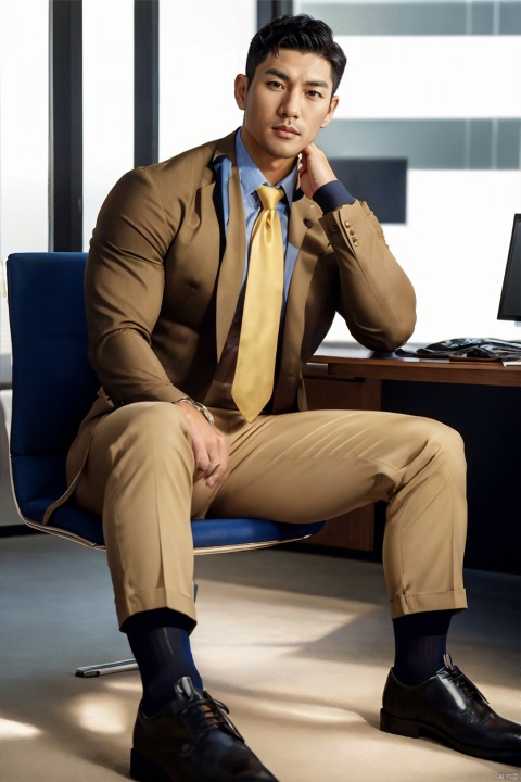  1man,Asian,solo,male focus,exquisite facial features,handsome,charming,muscular,superman shirt,Suspenders,pants,(kneehigh sheer socks),yellow socks,footwear,sitting,office,masterpiece,realistic,best quality,highly detailed, jzns, jznssw,brxu, hzbz, Divine Titan