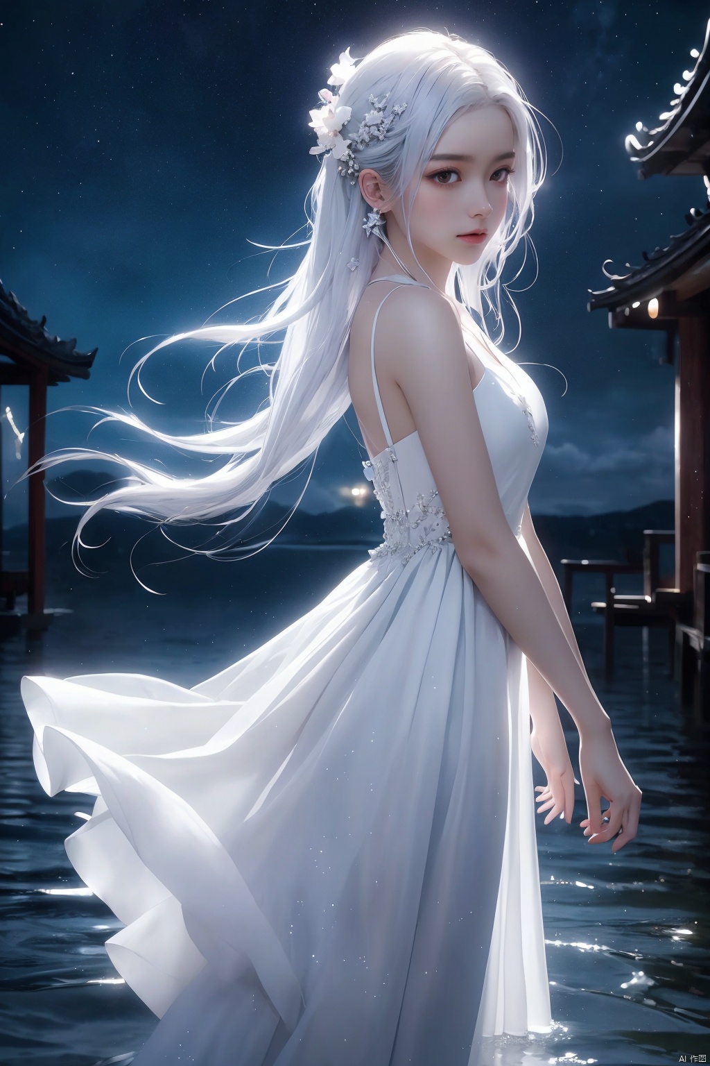  (masterpiece, top quality, best quality, official art, beautiful and aesthetic:1.2),gf-hd, 1girl, long hair, solo, water, night, dress, sky, white hair, hair ornament, night sky, wading, star \(sky\), white dress, from side, (\yan yu\),rainning