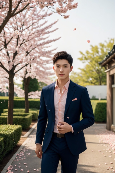 masterpiece,1 boy,18 years old,Look at me,Business suit,Lovely,Short hair,Korean men's hair,Aisle,Spring,Peach tree,Falling petals,textured skin,super detail,best quality,Cinematic Lighting,Tyndall effect,