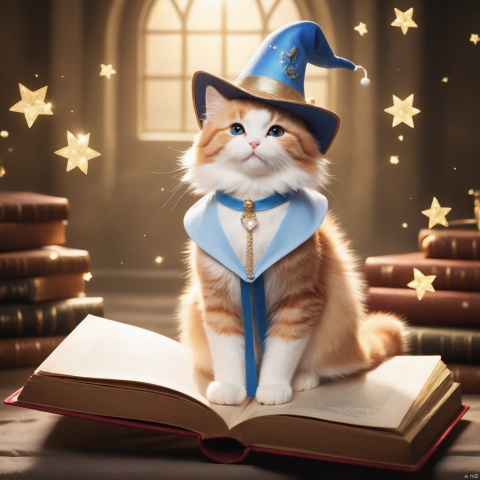 masterpiece,Always a lovely cat.,Standing on an open book,Flight,Elemix,Light particle,In the castle.,Wearing a magic hat.,female cat,Lovely,Large number of particle special effects,,