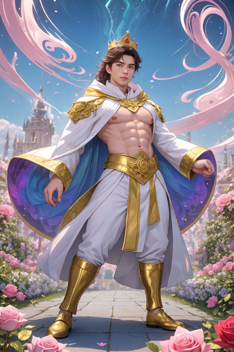  masterpiece,1 Man,(Asian male:0.6),Stubble,Professional photo of a 26-year-old man,Wear a crown,Pope.,Extravagant magical white robes,White ribbon,(iridescent gold:1.2),(magic swirls:1.2),Body hair,Abdominal hair,fractal pattern,Kaleidoscope,Huge flowers,(Combat posture:1.3),Gorgeous textures,Light blue sky,A lot of particle special effects.,Garden,Pink fluorescent roses,textured skin,super detail,best quality, asuo