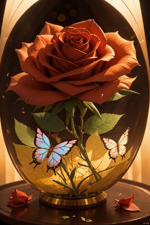  a beautiful transparent glass red rose with a exquisite fragile iridescent glass leafs, surrounded with [white:2] butterflies, intricate details, masterpiece, award winning, rich, breathtaking, golden hour light, bokeh, atmospheric, ((close up))