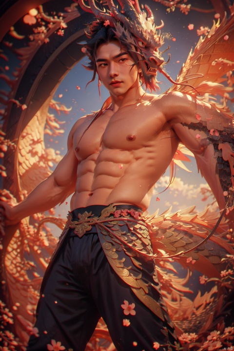 masterpiece, 1 boy, Handsome, Look at me, Short hair, Hanfu, Open your clothes., Expose your chest., A fantasy scene, Chinese architecture, Peach blossom, Sunset, Behind it is the Chinese dragon., Flying in the sky, Flying petals, textured skin, super detail, best quality