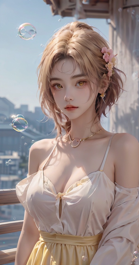  (bubble:1.5),1girl,Bangs, off shoulder, colorful_hair, ((colorful hair)),golden dress, yellow eyes, chest, necklace, pink dress, earrings, floating hair, jewelry, sleeveless, very long hair,Looking at the observer, parted lips, pierced,energy,electricity,magic,tifa,sssr,blonde hair,jujingyi, wangyushan, dofas, forehead mark, (\meng ze\), flowers, ajkds, flower
