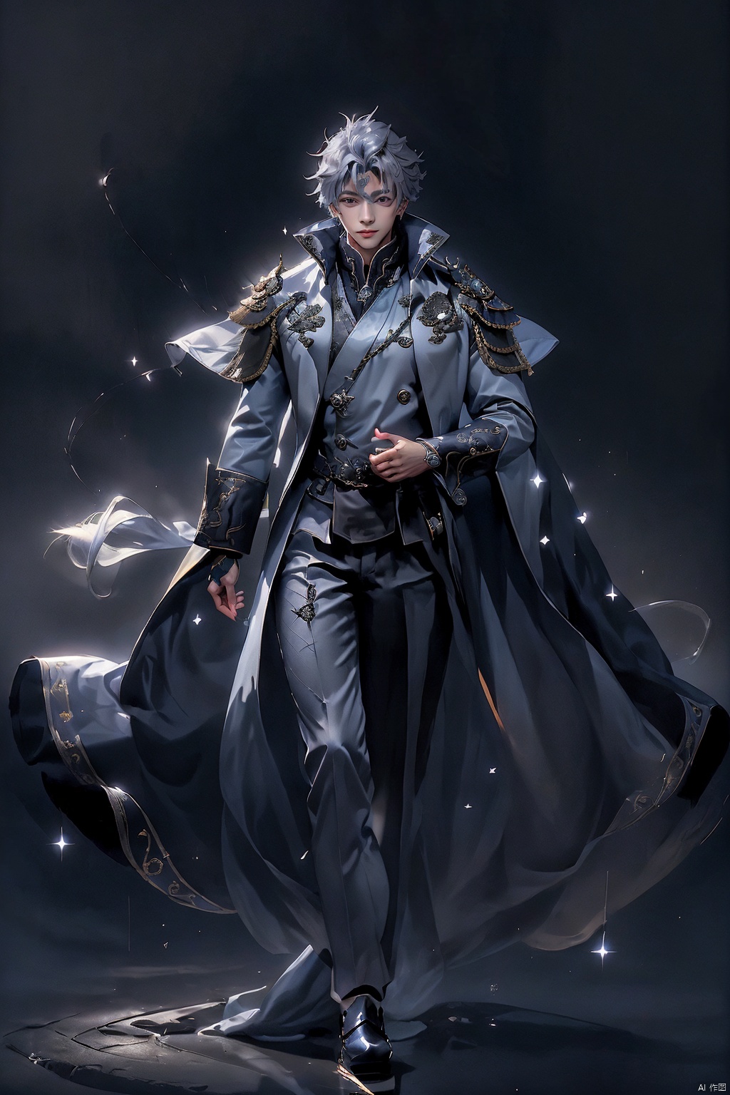  Game -Genshin Impact, character -Kaeya Alberich, dark-skinned, short indigo hair with a wisp of silver, long hair hanging down from the back left side of his head, and two bundles of silly hair of varying lengths on the top of his head. His gray-blue quadrangular star-shaped pupils made his eyes look deep, and he wore a pirate patch over his right eye and a blue teardrop-shaped pendant over his left ear. He wore a white shirt and blue coat that exposed his chest, and a blue-and-white cloak with a long collar and white hair at the collar. The Eye of God hung from a brown belt and wore black trousers and boots. Both hands wore conical bracelets and black fingerless gloves, kaeya (genshin impact), Arso
