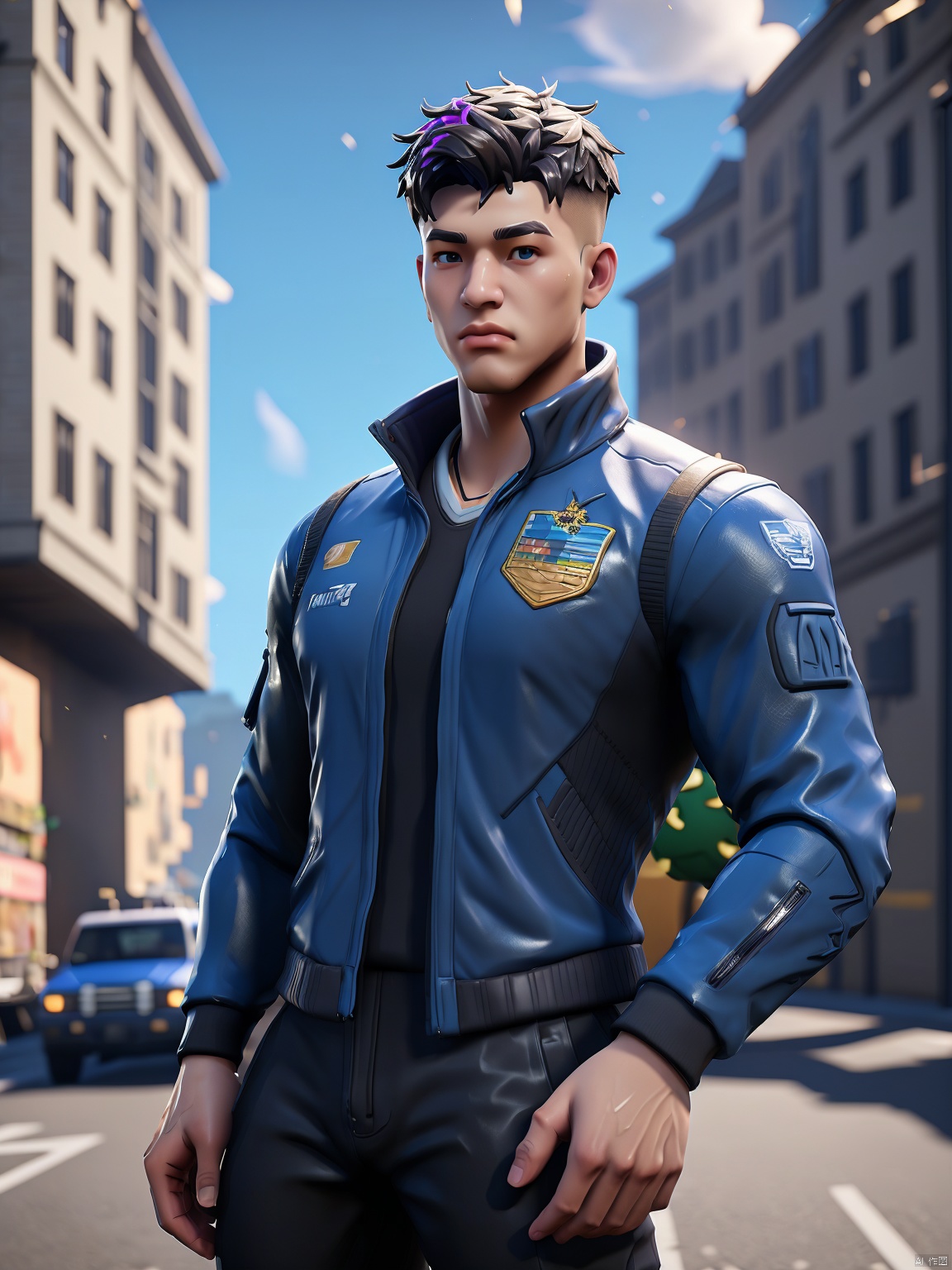  masterpiece,1 Man,Look at me,Handsome,Lovely,textured skin,super detail,best quality,adapted_uniform,Bustling city, 1 boy, a boy_gmlwman, Muscular Male, Arso, fu, asuo, (\a suo\), Fortnite, Asuo