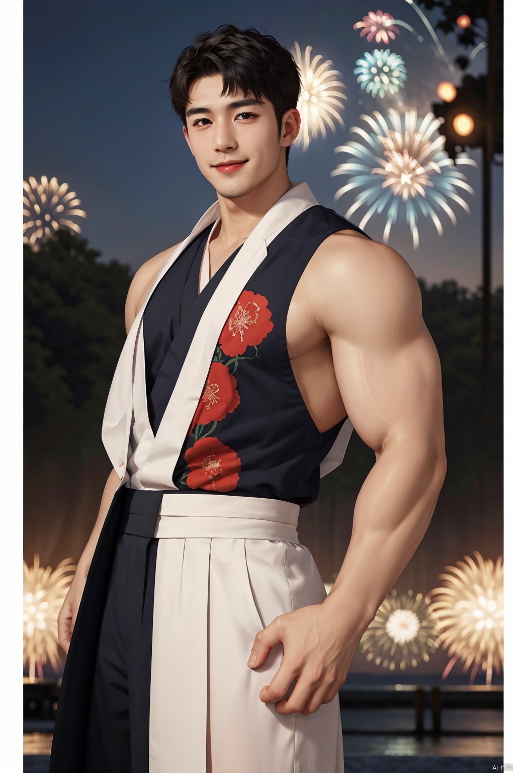  masterpiece,divine titan,1 Man,Look at me,A charming smile,Celebration,Fireworks,sleeveless_kimono,textured skin,super detail,best quality,8k,ccurate,