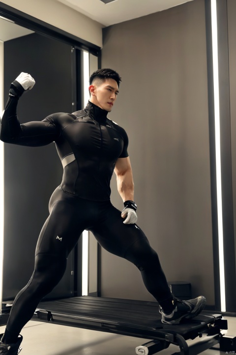  1man,asian,exquisite facial features,handsome,tall,male focus,booty,tight clothes,gloves,muscular,doing fitness,dynamic pose,(masterpiece, realistic, Realism, best quality, highly detailed, 8K Ultra HD, sharp focus, profession),soft lighting,blurry,indoors,cyberpunk,Dynamic angle,1man