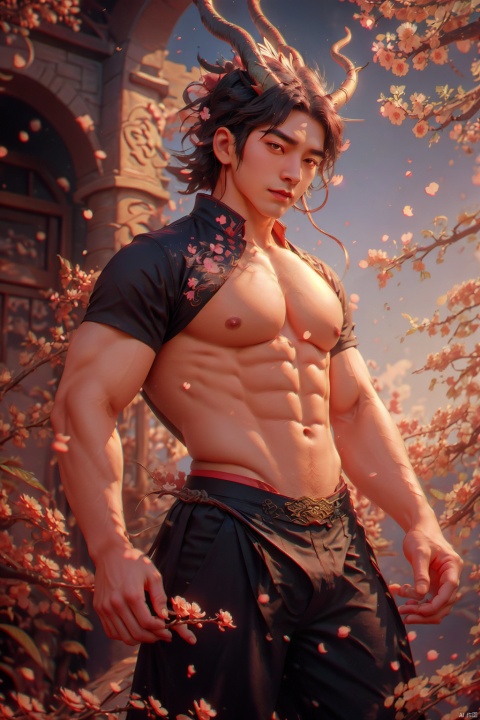 masterpiece, 1 boy, Handsome, Look at me, Short hair, Hanfu, Open your clothes., Expose your chest., A fantasy scene, Chinese architecture, Peach blossom, Sunset, Behind it is the Chinese dragon., Flying petals, textured skin, super detail, best quality, sdmai