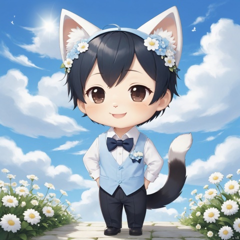 masterpiece, 1 boy, chibi, solo, full body, Spirit, Smile, Outdoor, Light blue sky, Clouds, White flower, Cat ear, tail, Shirt, Bow tie, textured skin, super detail, best quality,