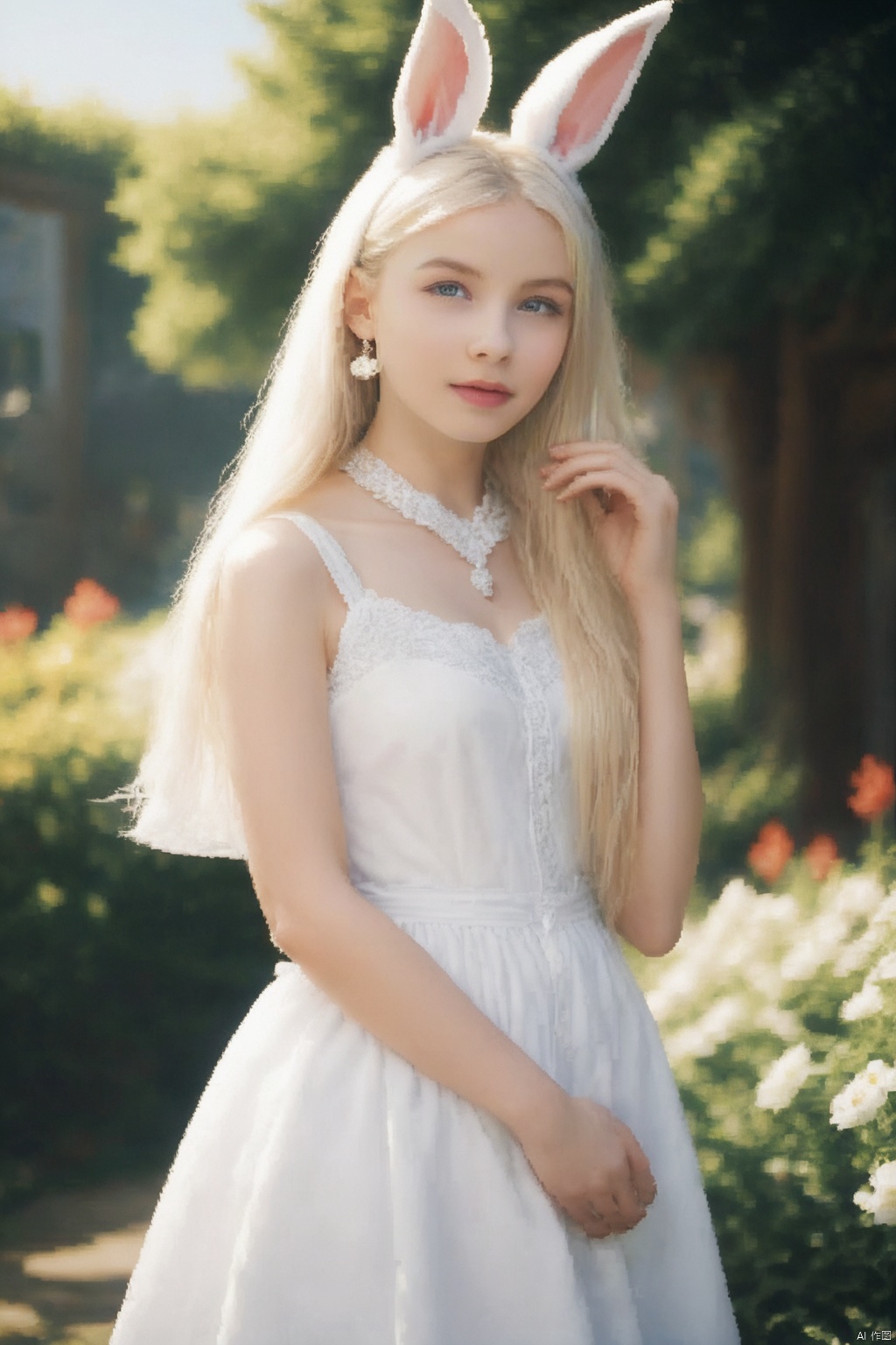 masterpiece, A lovely girl, Rabbit ear, Cartoon style, Delicate eyes, Shiny lipstick, Dressed in a gorgeous lolita, Outdoors in the garden, There is plenty of sunshine, White flowers, Pixel painting