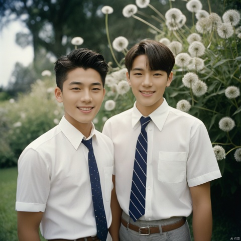 analog film photo masterpiece, Handsome boy, 2 Boys, Chase, 18 years old, Lovely, Short hair, White shirt, Tie, Portrait, Garden, Flowers, Light and shadow, Students, Asian, Smile, Flying dandelions, textured skin, super detail, best quality ., faded film, desaturated, 35mm photo, grainy, vignette, vintage, Kodachrome, Lomography, stained, highly detailed, found footage