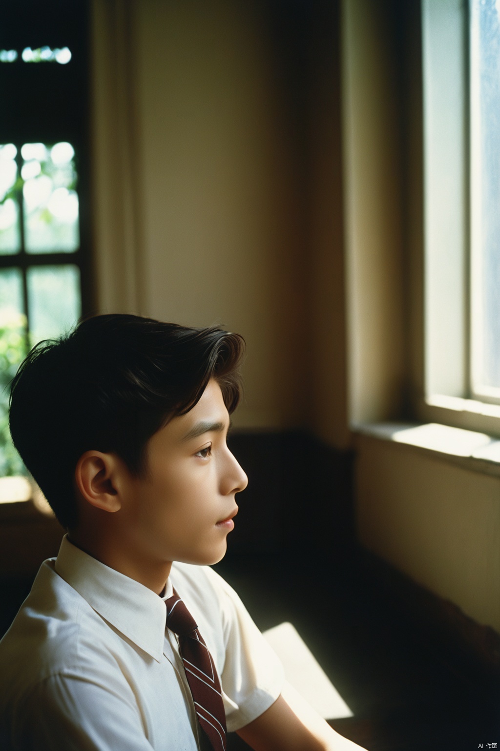 analog film photo masterpiece, Handsome boy, 2 Boys, Hug, Kiss, 18 years old, Lovely, Short hair, White shirt, Tie, Portrait, Living room, Potted plant, Light and shadow, The sunshine outside the window, Students, textured skin, super detail, best quality  . faded film, desaturated, 35mm photo, grainy, vignette, vintage, Kodachrome, Lomography, stained, highly detailed, found footage