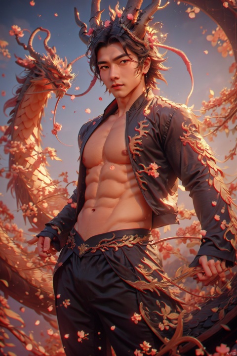 masterpiece, 1 boy, Handsome, Look at me, Short hair, Hanfu, Open your clothes., Expose your chest., A fantasy scene, Chinese architecture, Peach blossom, Sunset, Behind it is the Chinese dragon., Flying in the sky, Flying petals, textured skin, super detail, best quality