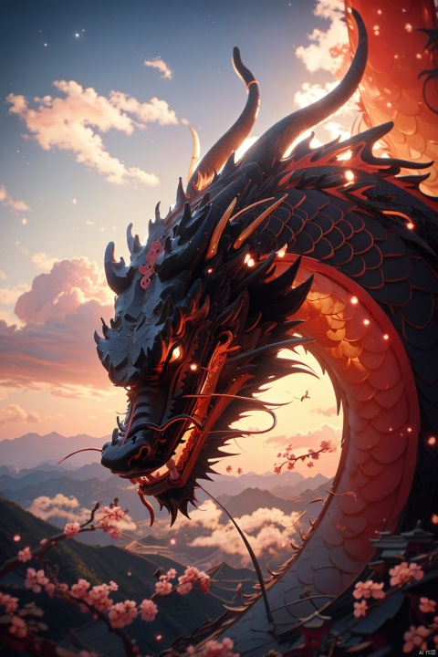  masterpiece, Animal, Chinese dragon, Dragon claw, Ryuu, Flying in the sky, Majestic, Fantasy style, Chinese architecture, Sunset, Cloud top, Prosperous, Stars, Peach blossom, textured skin, super detail, best quality, (\shui mo\), (\long yun heng tong\)