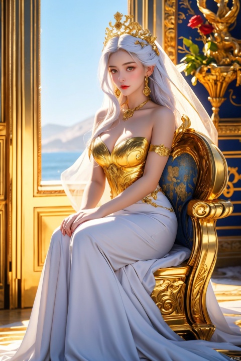 masterpiece, 1 girl, Look at me, Medusa, White hair, Greek dress, Palace, Sitting on the throne, resplendent, Lots of roses, gilded, MYTHOS, Gold powder, Golden glow, textured skin, super detail, best quality, 16k, Blue sky outside the window