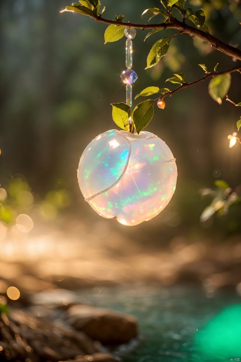 a delicate apple made of opal hung on branch  in the early morning light, adorned with glistening dewdrops. in the background beautiful valleys, divine iridescent glowing, opalescent textures, volumetric light, ethereal, sparkling, light inside body, bioluminescence, studio photo, highly detailed, sharp focus