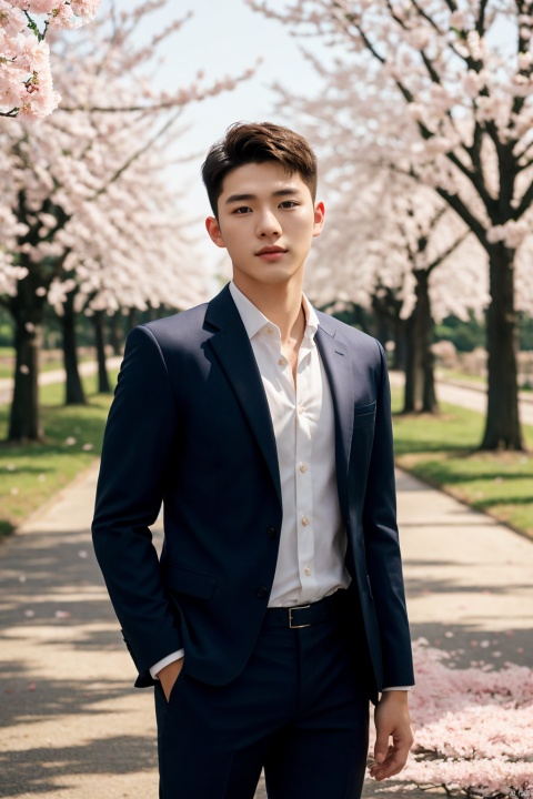 masterpiece,1 boy,18 years old,Look at me,Business suit,Lovely,Short hair,Korean men's hair,Aisle,Spring,Peach tree,Falling petals,textured skin,super detail,best quality,Cinematic Lighting,Tyndall effect,