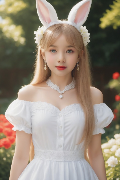 masterpiece, A lovely girl, Rabbit ear, Cartoon style, Delicate eyes, Shiny lipstick, Dressed in a gorgeous lolita, Outdoors in the garden, There is plenty of sunshine, White flowers