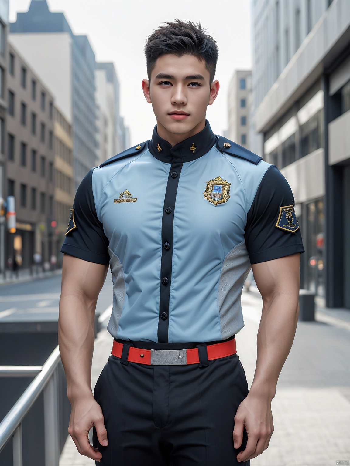  masterpiece,1 Man,Look at me,Handsome,Lovely,textured skin,super detail,best quality,adapted_uniform,Bustling city, 1 boy, a boy_gmlwman, Muscular Male, Arso, fu