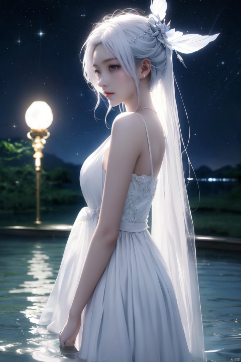  (masterpiece, top quality, best quality, official art, beautiful and aesthetic:1.2),gf-hd, 1girl, long hair, solo, water, night, dress, sky, white hair, hair ornament, night sky, wading, star \(sky\), white dress, from side, (\yan yu\),rainning