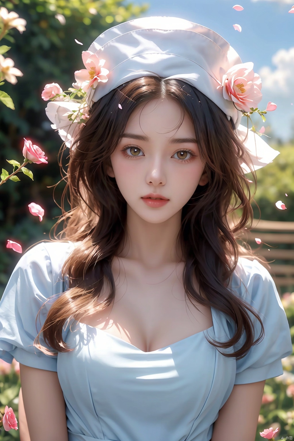  masterpiece, 1 girl, 18 years old, Look at me, long_hair, straw_hat, Wreath, petals, Big breasts, Light blue sky, Clouds, hat_flower, jewelry, Stand, outdoors, Garden, falling_petals, White dress, ajkds, textured skin, super detail, best quality, Trainee Nurse, flower