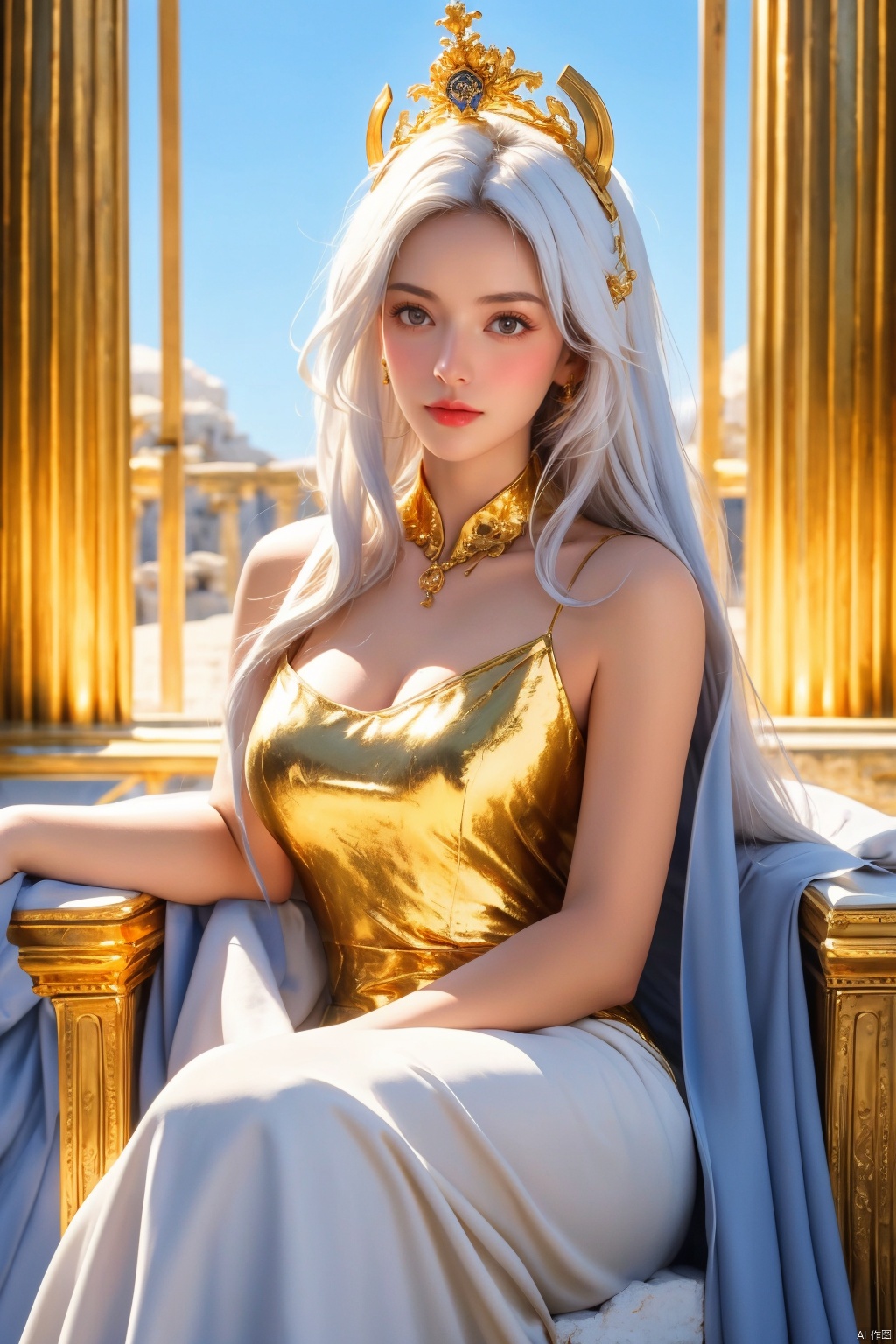 masterpiece, 1 girl, Look at me, White hair, Greek dress, Palace, Sitting on the throne, resplendent, Lots of roses, gilded, MYTHOS, Gold powder, Golden glow, textured skin, super detail, best quality, 16k, Blue sky outside the window, Ancient Greece