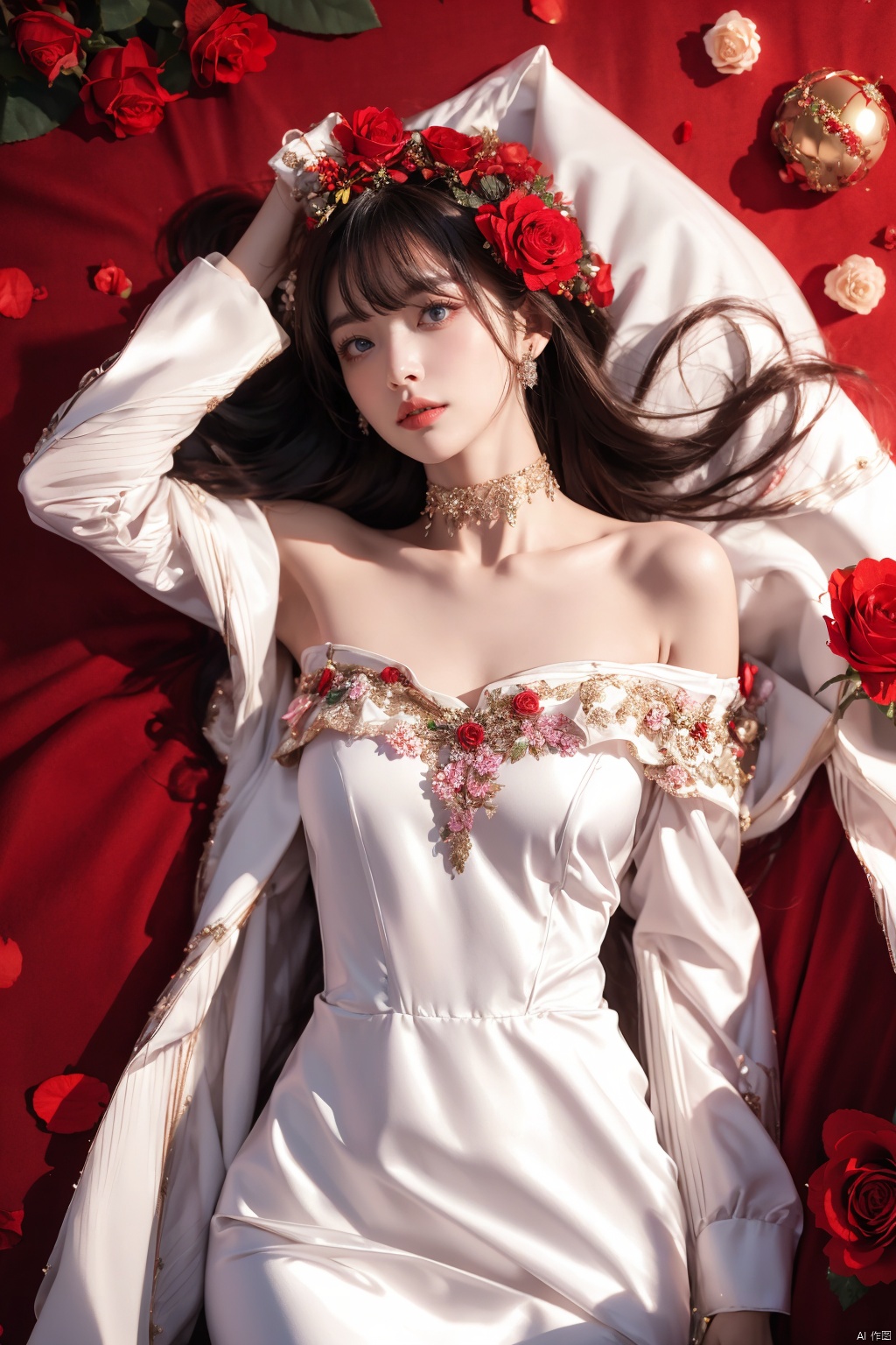  1girl, solo, red flower, flower, blue eyes, long hair, holding flower, holding, rose, dress, petals, hair ornament, red rose, lying, long sleeves, white hair, on back, white dress, looking at viewer, choker, parted lips, bare shoulders, blush, bangs, off shoulder, black choker, hair flower, off-shoulder dress, very long hair, collarbone, puffy long sleeves, puffy sleeves, rose petals, hair between eyes,eyesseye, dofas, crystal, yunbin, qianjin, christmas
